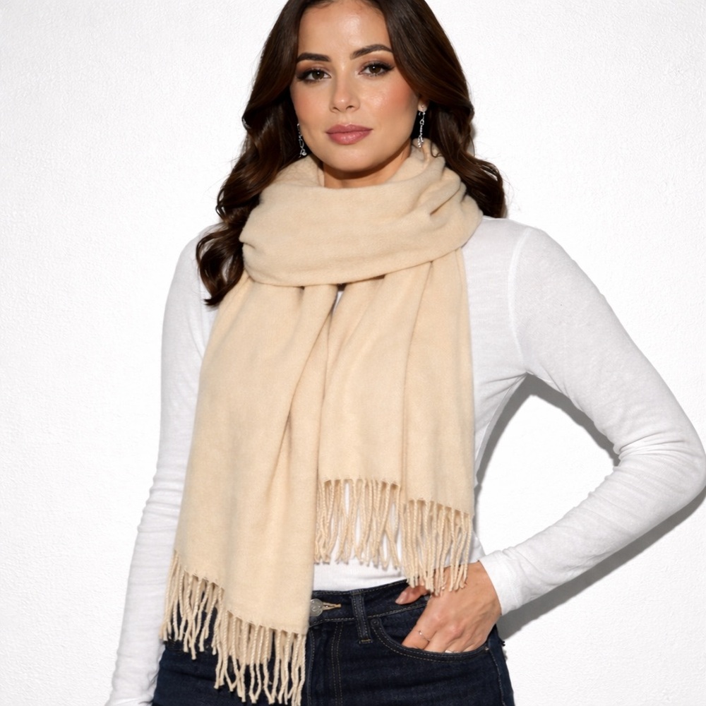 NWT Beige lightweight Fringe Scarf Cashmere feel